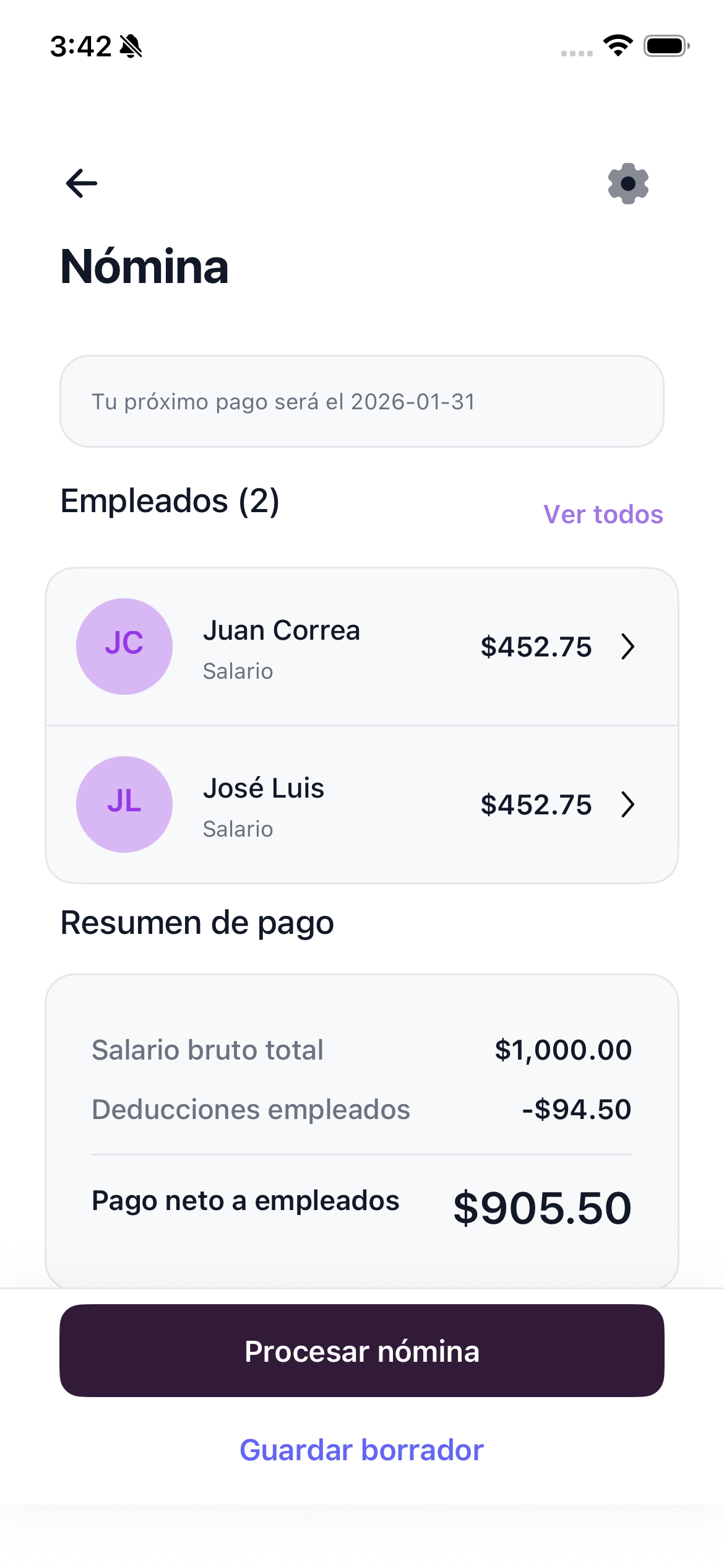 Pantalla de nómina en la app Haime